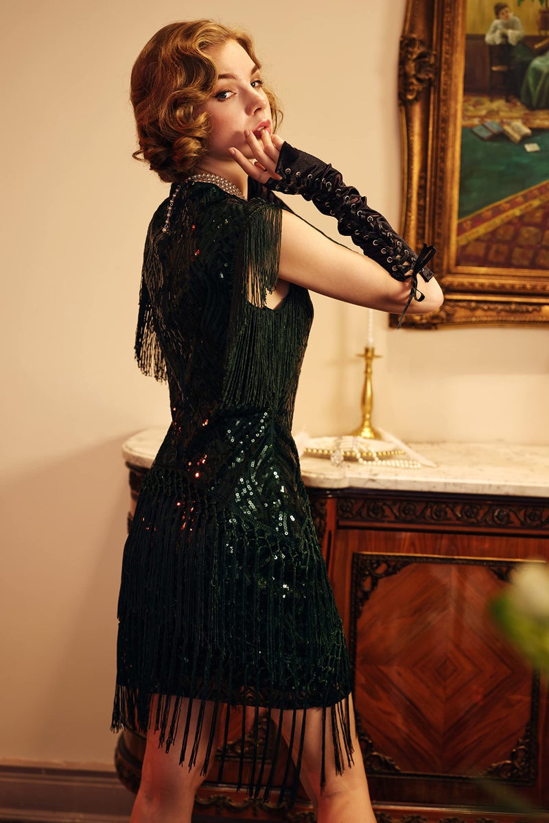 BABEYOND 1920s Flapper Dress Long Fringed Gatsby Dress Roaring 20s Sequins Beaded Dress Vintage Art Deco Dress Dark Green - Image 3